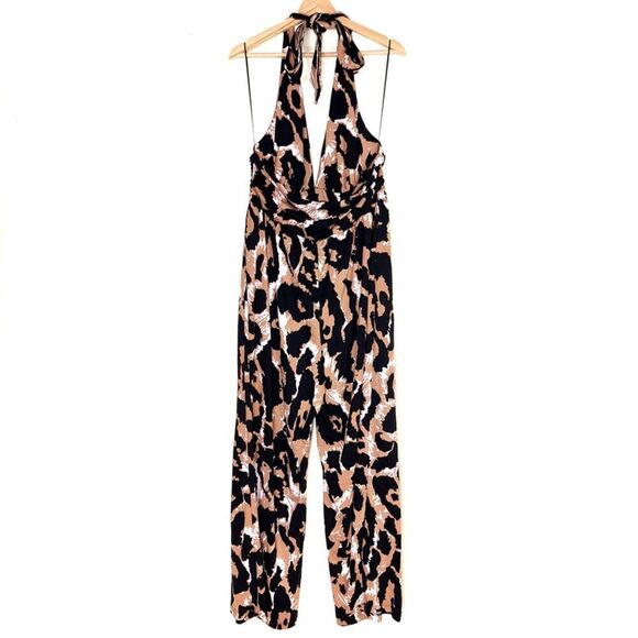 NWT Diane Von Furstenberg Halter Wide Leg Jumpsuit Brown Leopard Womens Plus 2X - Picture 5 of 9